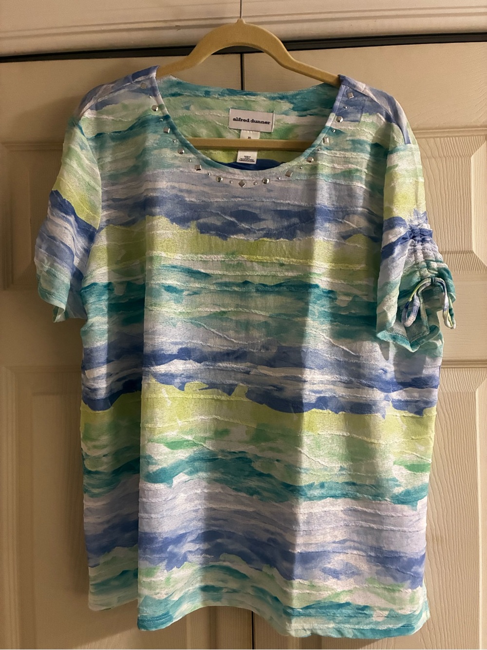 Alfred Dunner Blue, Green & White Watercolor Stripe Short Sleeve Top